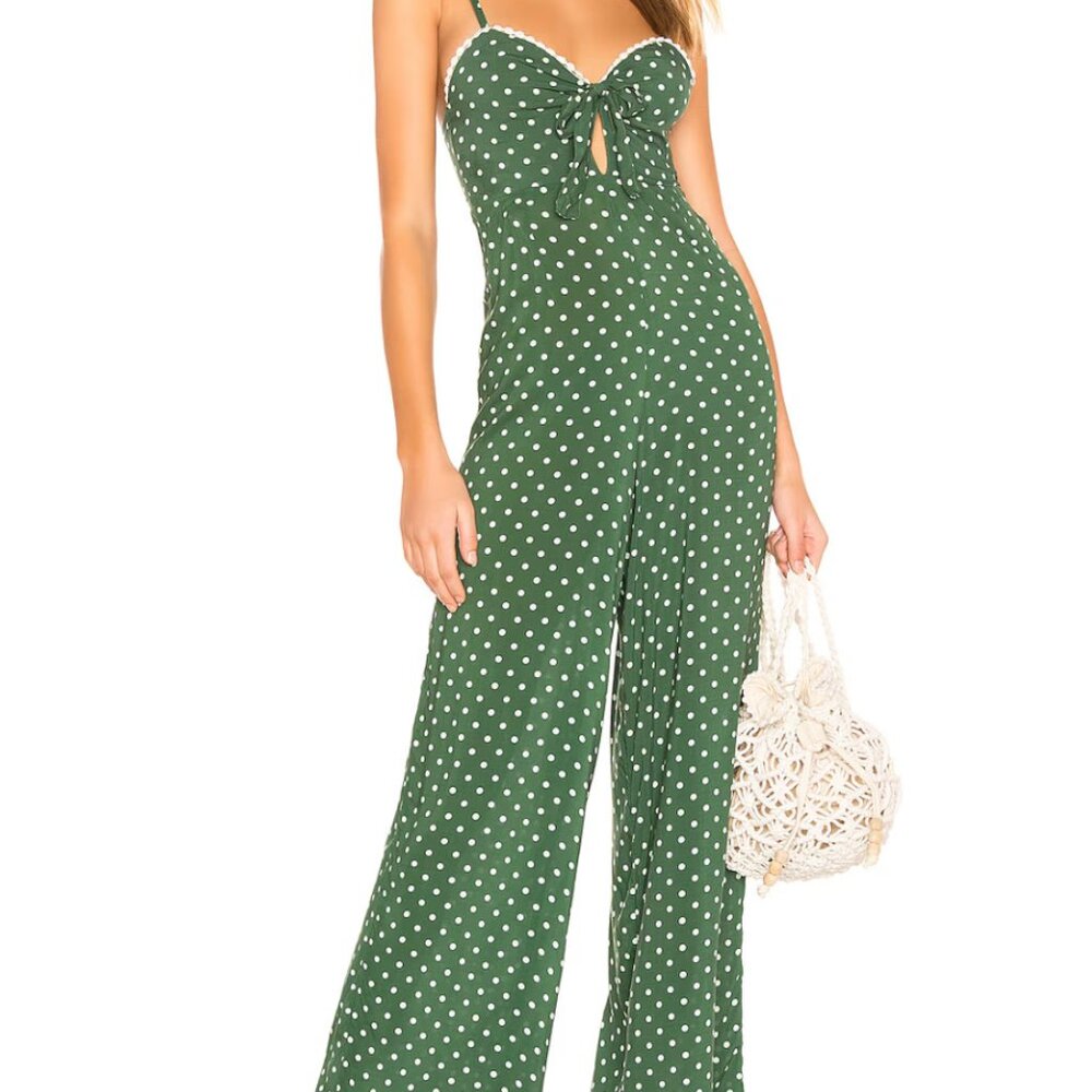 Agua Bendita Olive Green Polka Dot Tie-Front Wide-Leg Jumpsuit